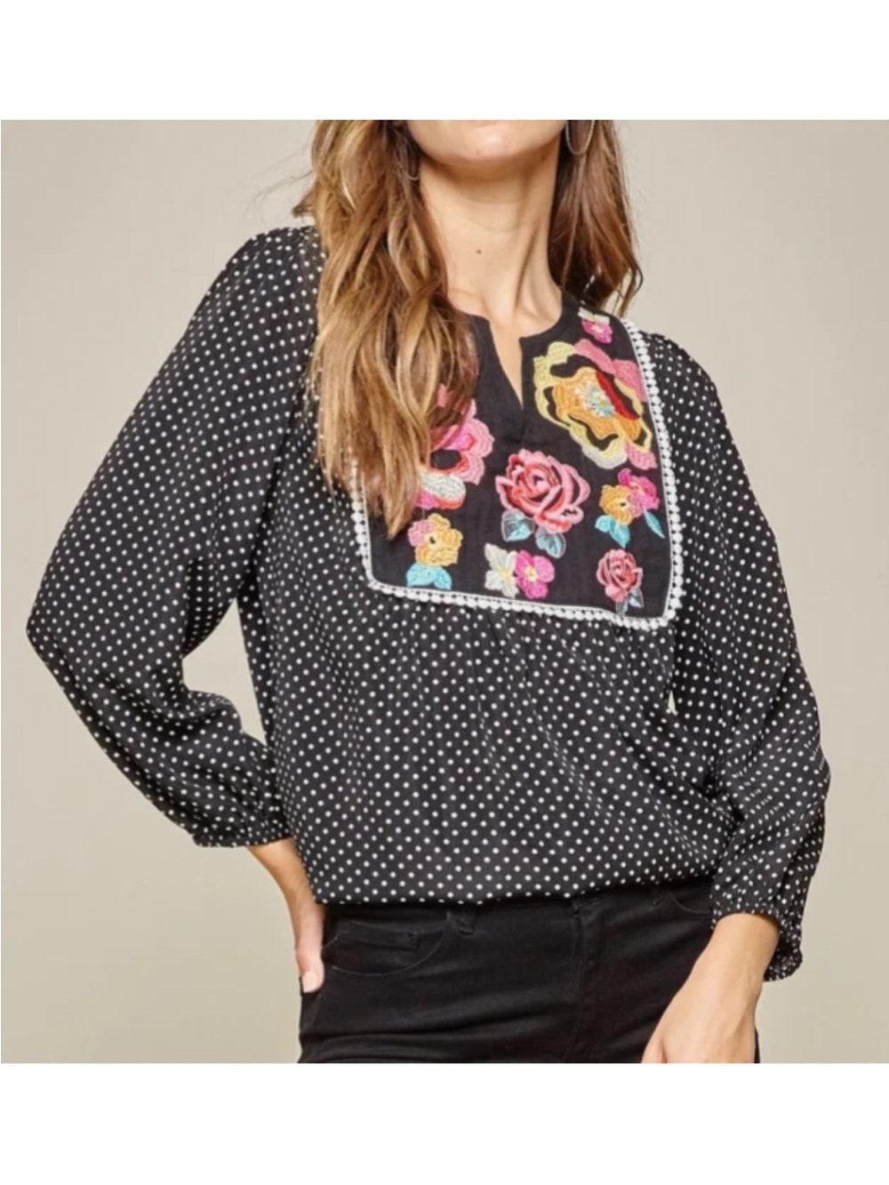 Savanna Jane Black/White Embroidered Polka Dot Top Size 2X
